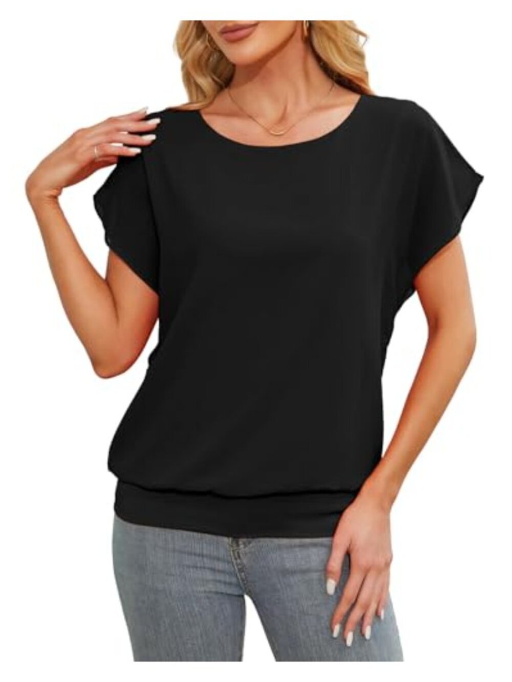 Loose Casual Short Sleeve Chiffon Blouse Crew Neck Summer Top
